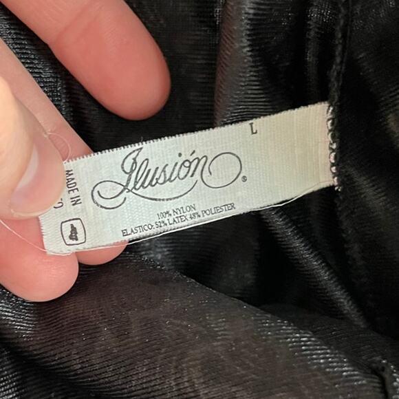 Vintage Illusion Slip Skirt Large Satin Floral Lace Trim Stretch Black Retro 80s - Picture 7 of 12